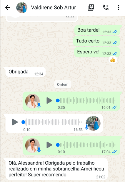 Depoimento de Valdirene elogiando sua correção de sobrancelhas em Artur Nogueira